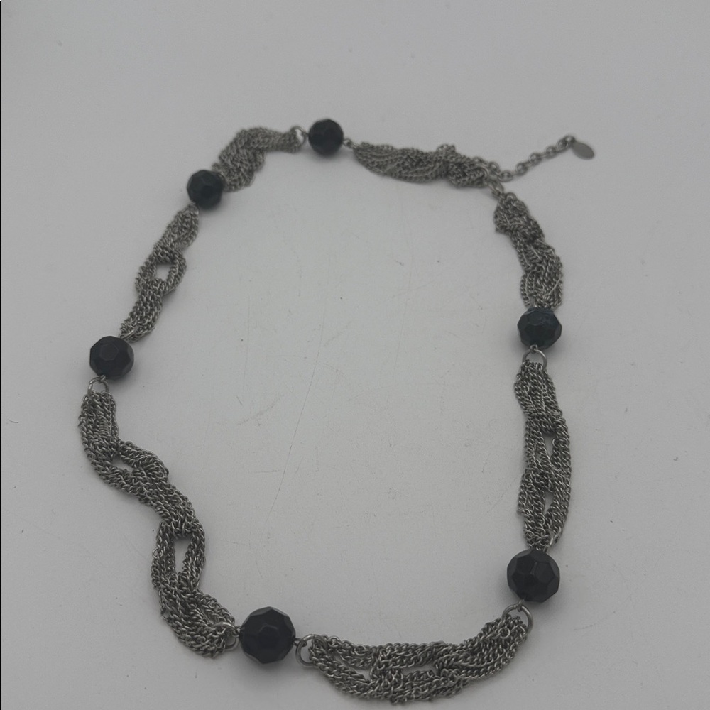 VTG Bijoux Terner twisted multi strand silvertone chain & black bead necklace